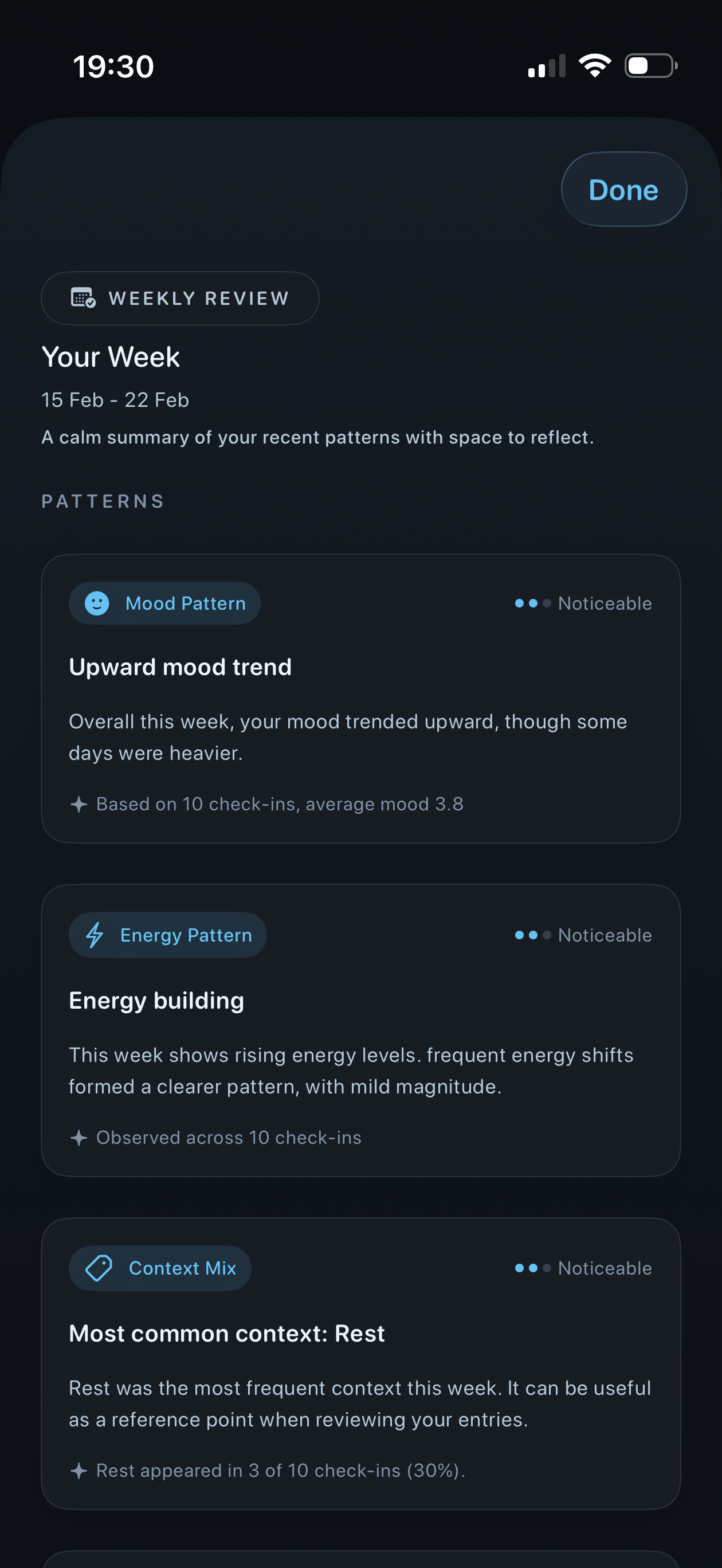 Weekly Review screen in Still